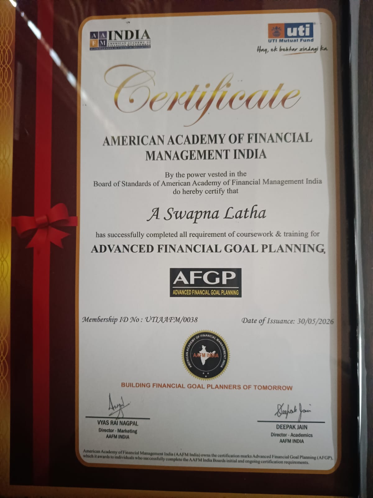 AAFM India certificate awarding A. Swapna Latha the Advanced Financial Goal Planning (AFGP) credential