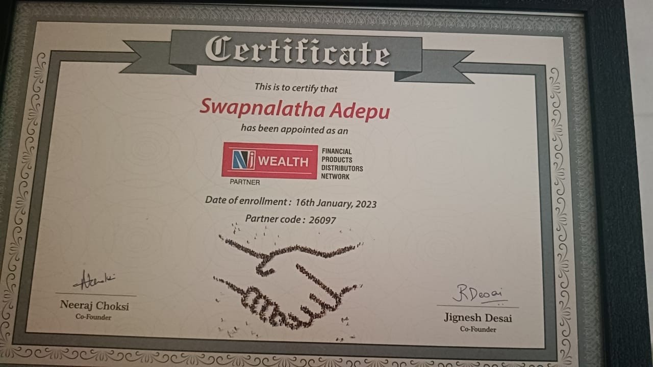 NJ Wealth certificate appointing Swapnalatha Adepu as a partner, partner code 26097