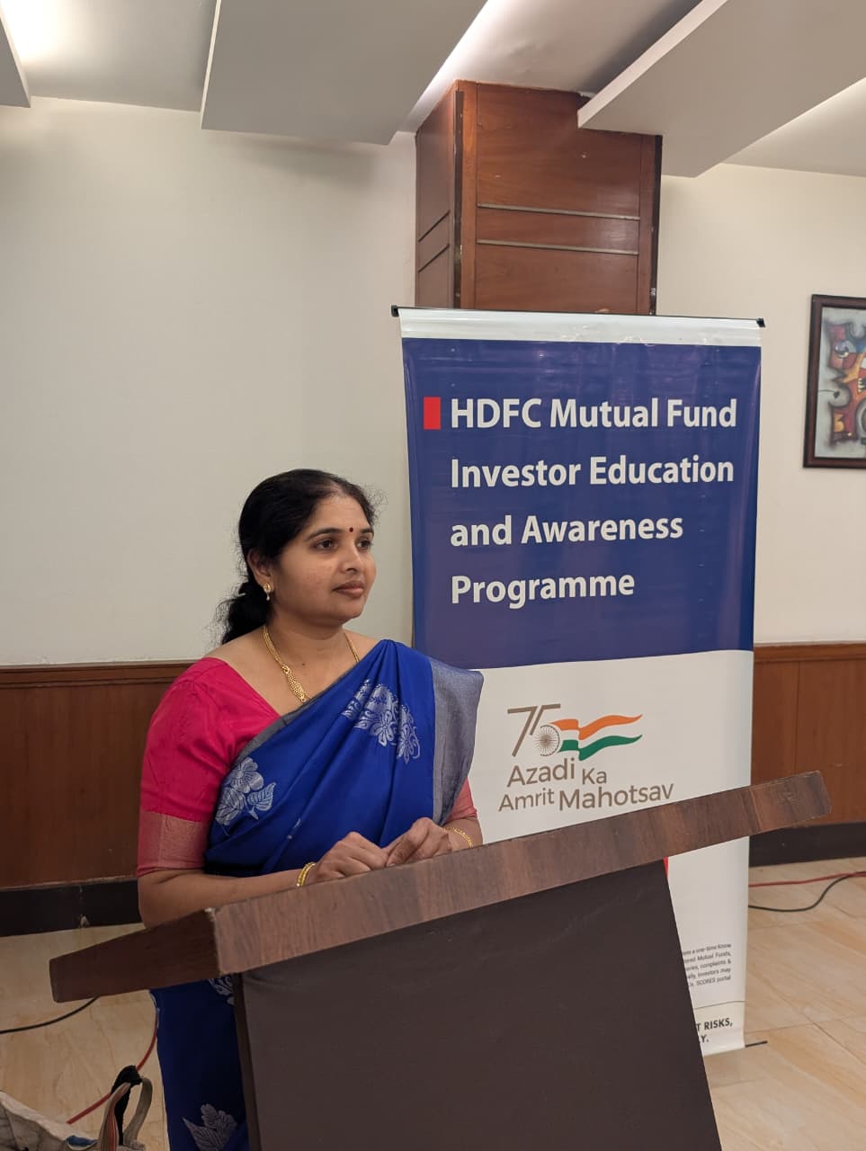 Mrs. Adepu Swapna Latha speaking at an HDFC Mutual Fund Investor Education and Awareness Programme